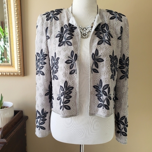 Adrianna Papell Evening Embroidered Beaded Silk Jacket Size Small Gray Black - Picture 2 of 8